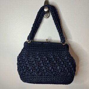 Vintage Straw Woven Navy Blue Handbag Top Handle Purse 80s 90s
